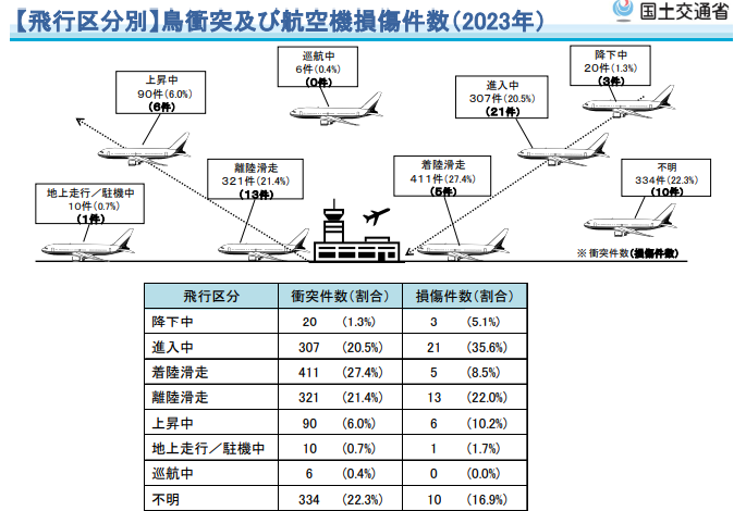 飛行区分別　バードストライク及び航空機損傷件数（2023年）