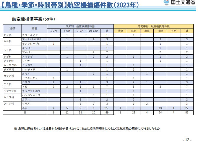 2023年　バードストライク　鳥種・季節・時間帯別　航空機損傷件数